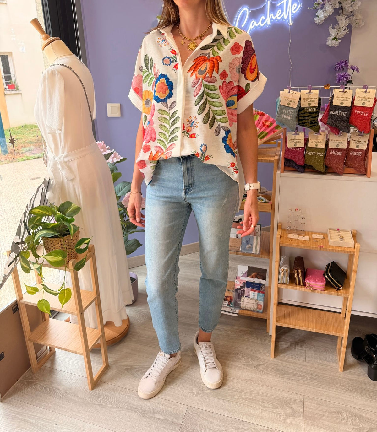 Chemise à fleurs multico XL blanc