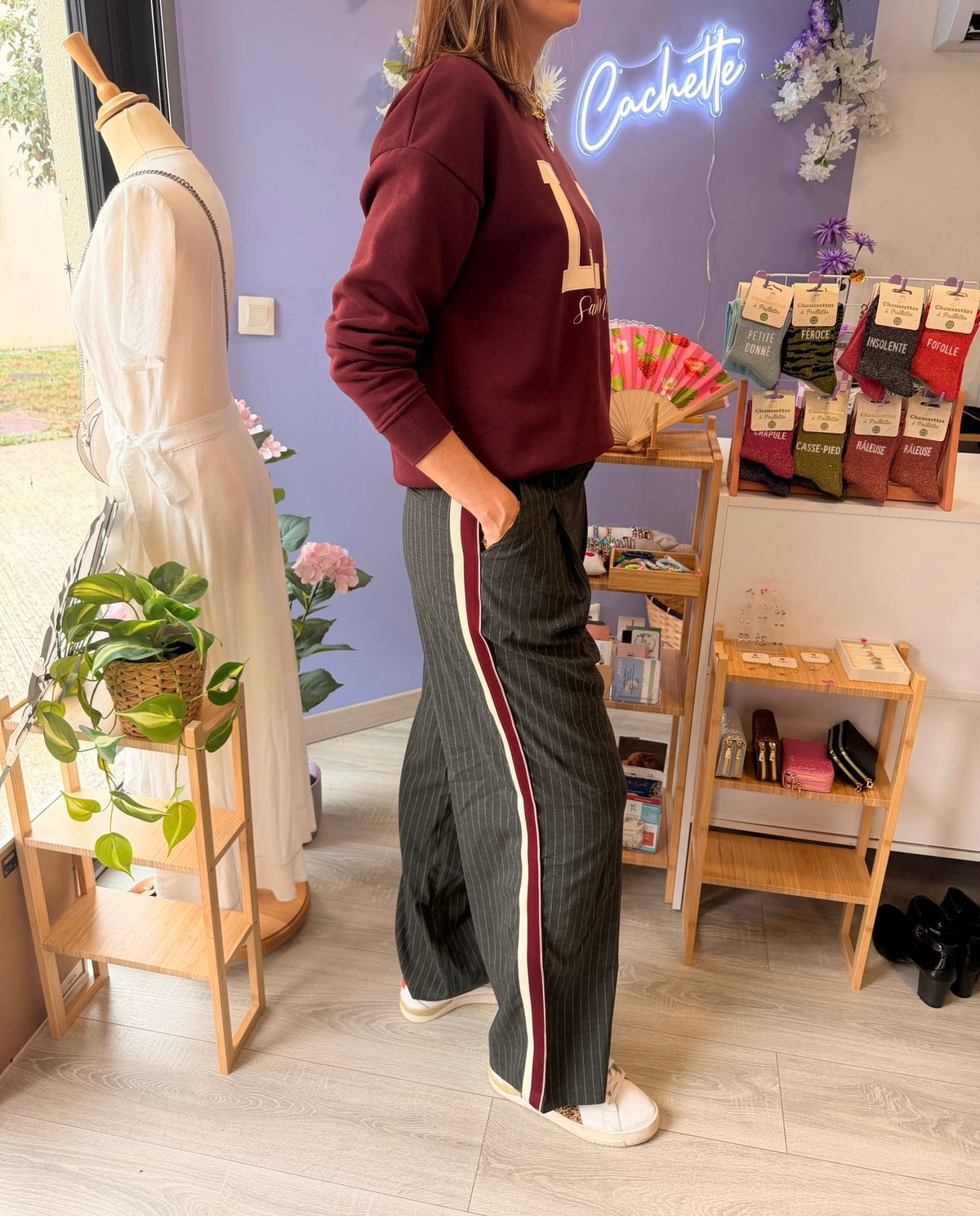 Pantalon bandes T.38 gris / prune